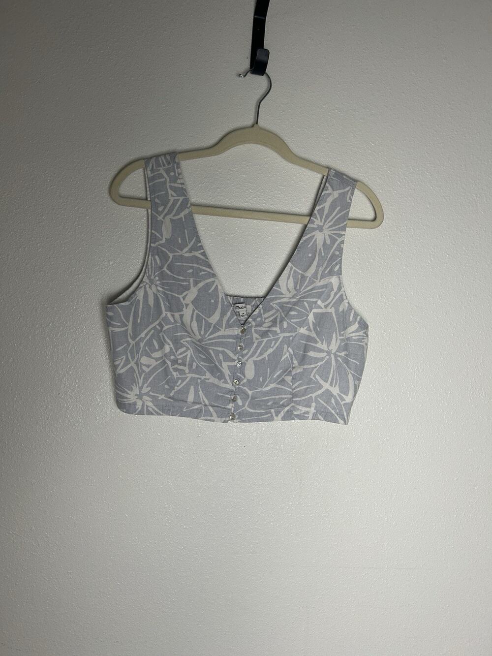 MADEWELL Linen-Blend Gwen Blue Crop Vest Top in Abstract Floral Size 10